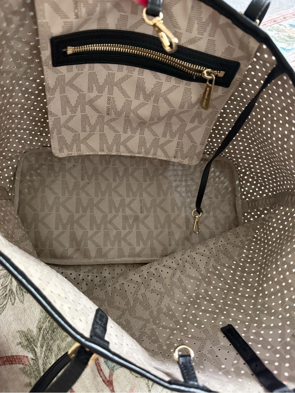 Michael Kors Black Perforated Tote with Gold Logo Charm